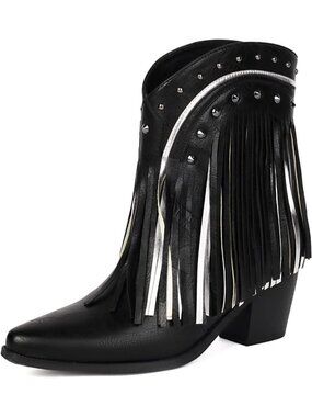 Women Black Western Ankle Bootie Pointed Toe Cowgirl Fringe Tassel Fashion Shoes